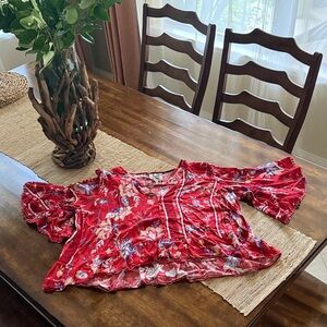 Jaase Floral Red Blouse with Ruffled Sleeves